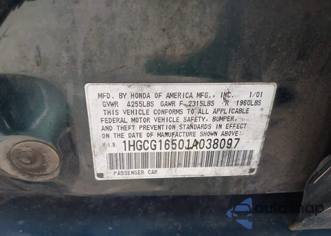 2001 Honda Accord Ex from USA, damaged, VIN 1HGCG16501A038097